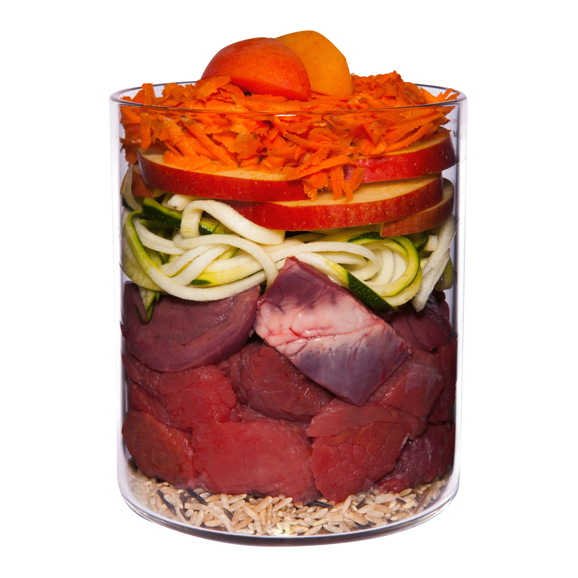 Rind mit Karotte, Apfel und Naturreis