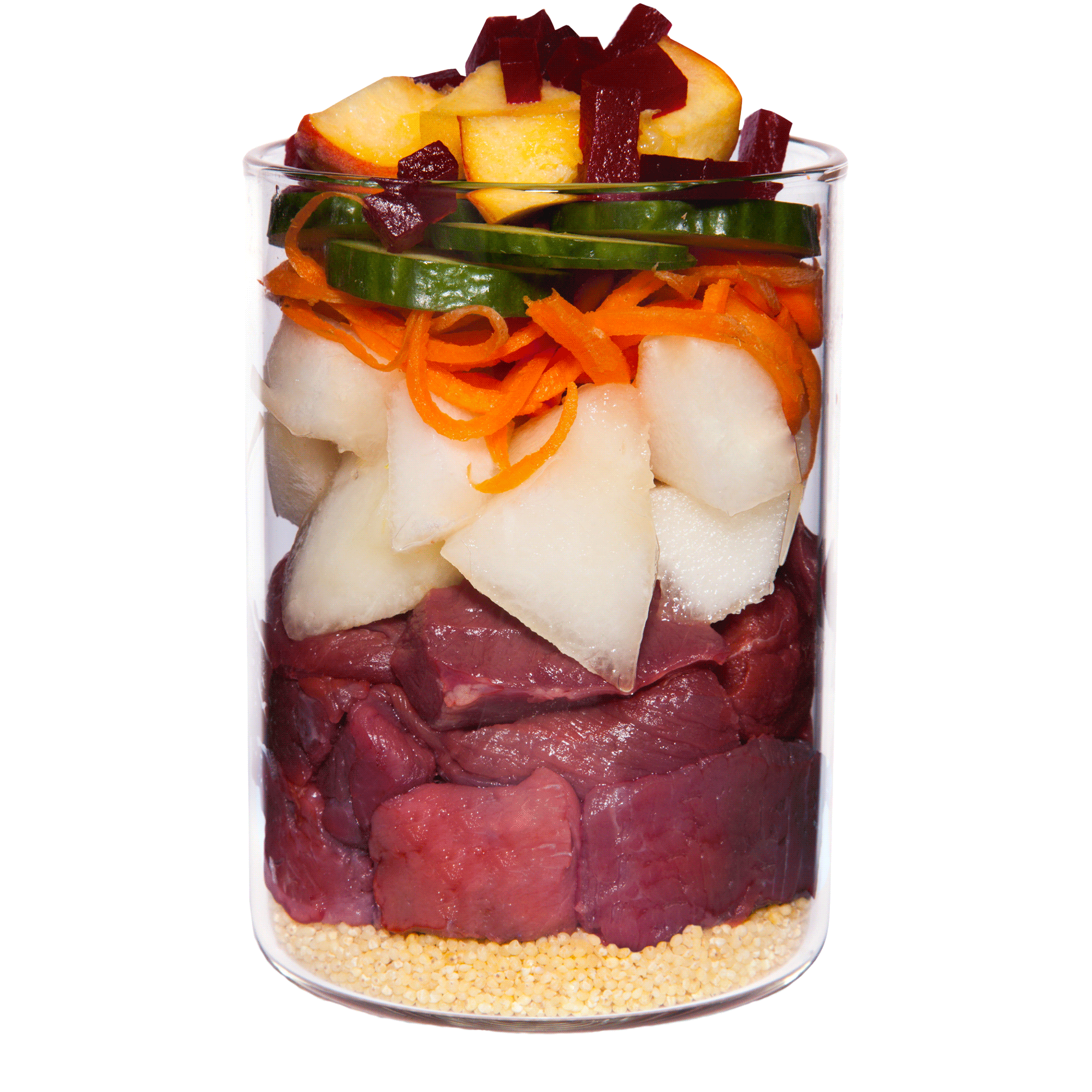 Kalb mit Hirse, Gurke, gelber Melone und Basilikum