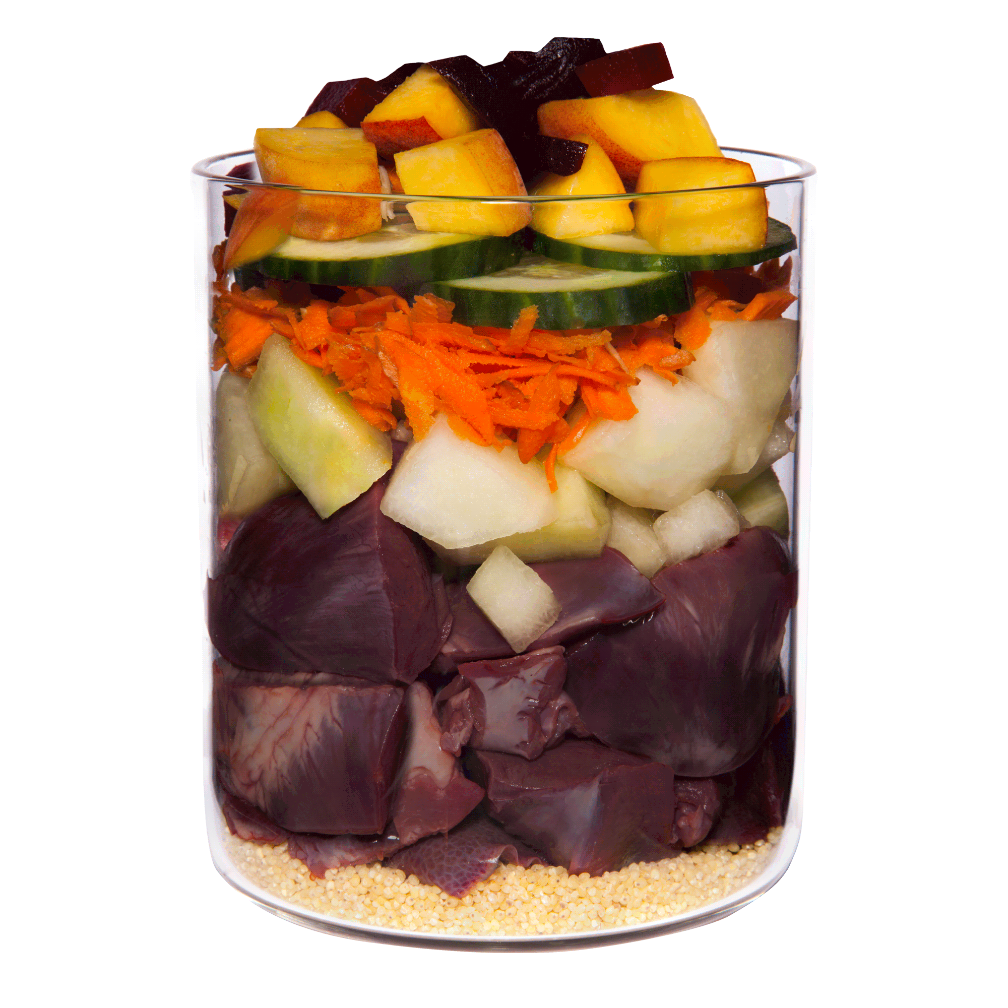 Kalb mit Hirse, Gurke, gelber Melone und Basilikum