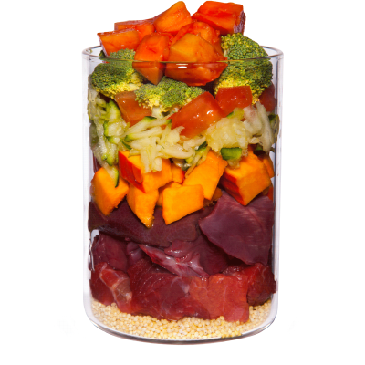 Büffel mit Hirse, Tomate und Papaya 