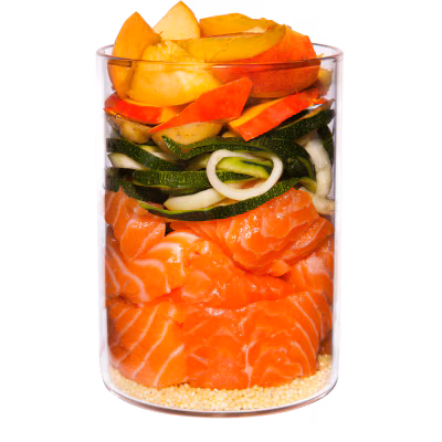 Lachs mit Hirse, Pfirsich und Kräutern